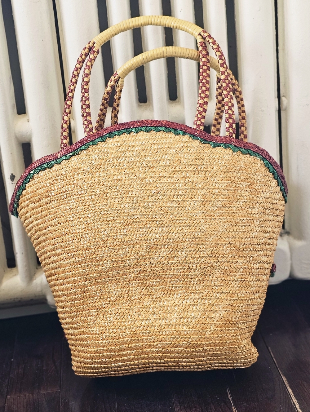 Vintage 1970s Embroidered Straw Tote Bag Beach Bag Bird & Willow Tree - Picture 7 of 14